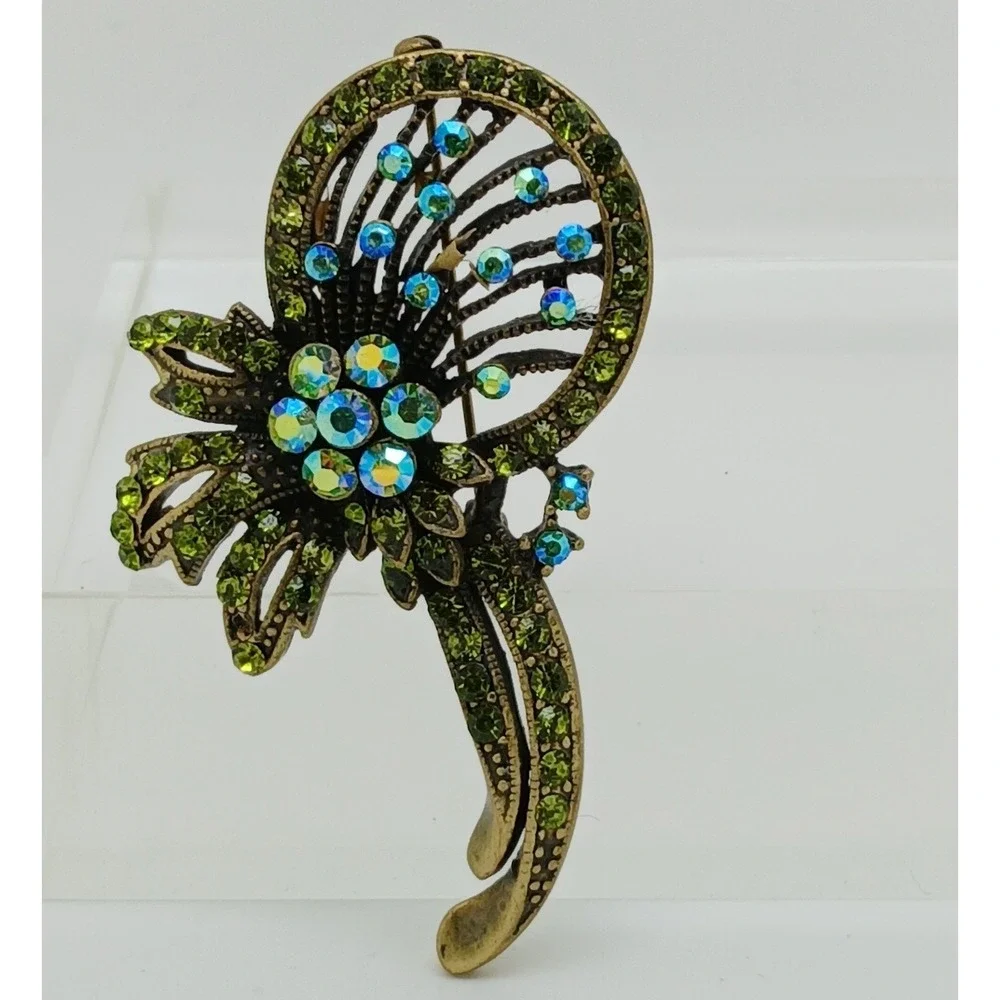 Vintage Green Rhinestone Brooch Pendant Bronze Tone‎ Floral Pin Unisex
